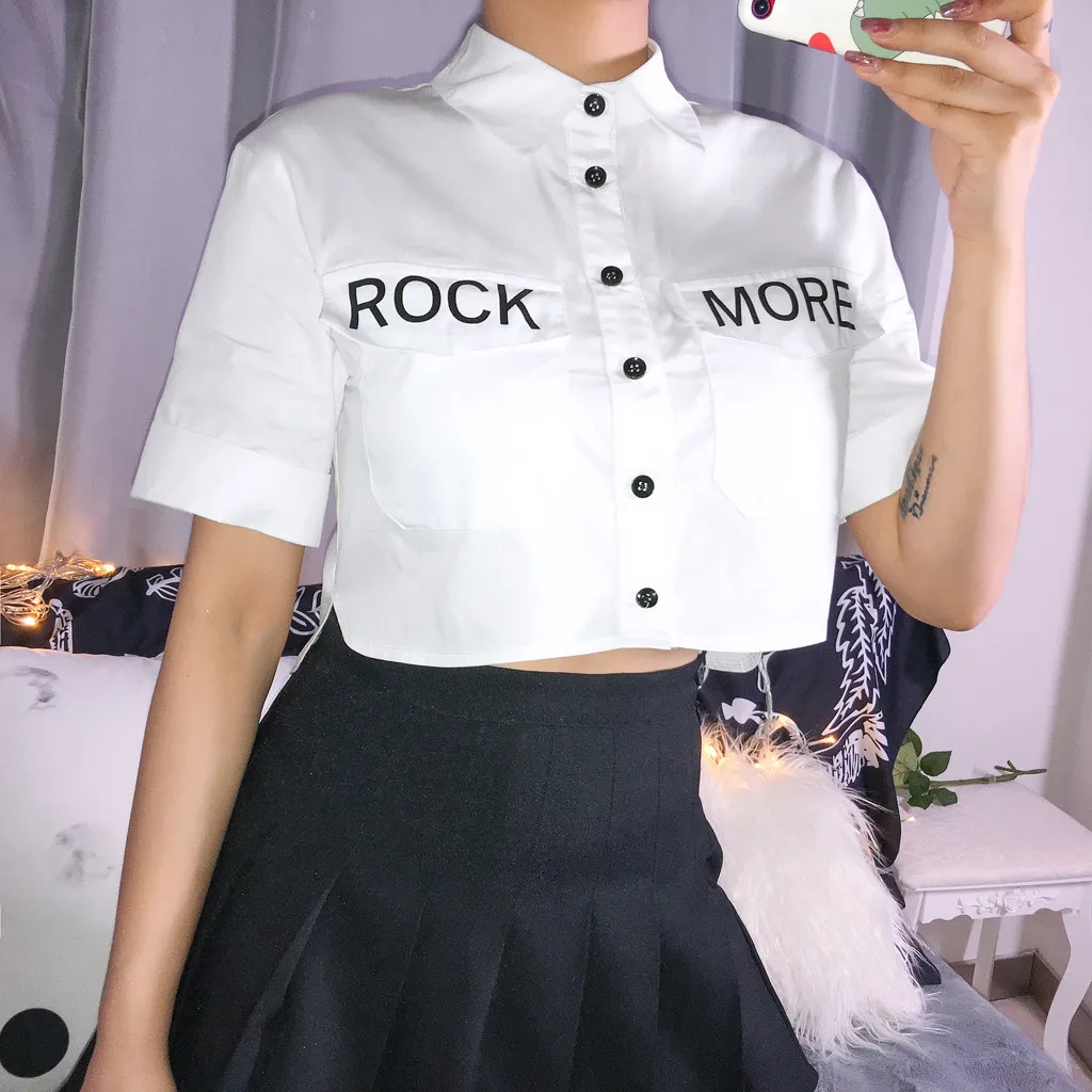 

White blouse letters women plus size blouse short pocket long sleeve casual loose lapel top buttons female business summer shirt