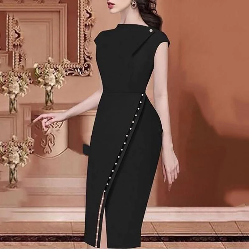 Бисероплетение украшенное разрезом асимметричное платье миди женское без рукавов черное элегантное облегающее платье Женская рабочая одежда официальное вечернее платье