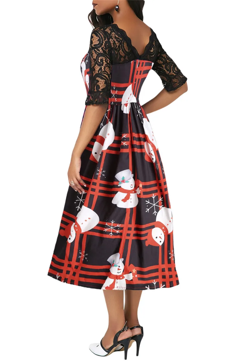 Vintage-Snowman-Plaid-Christmas-Print-Flared-Dress-LC610920-3-2