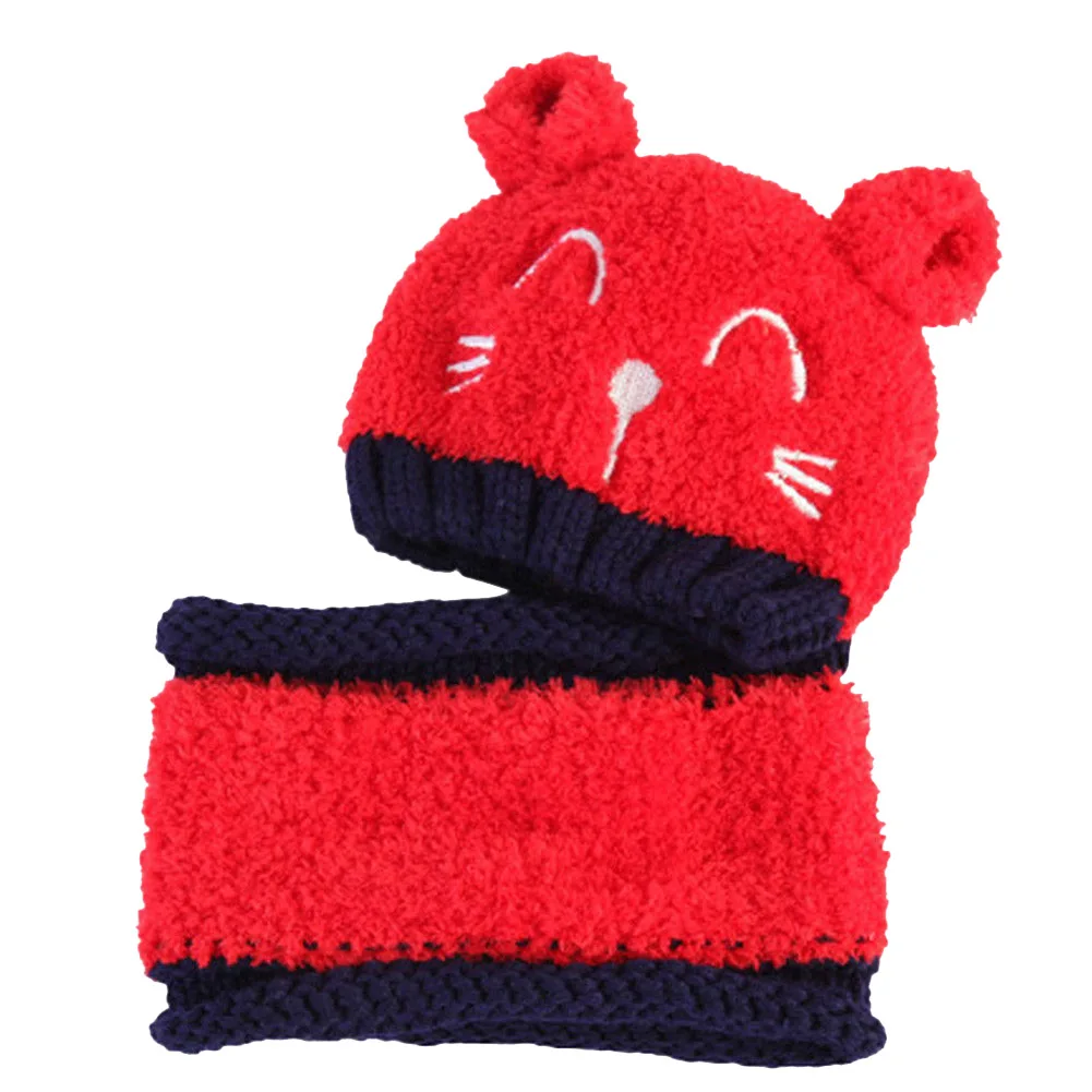 Новинка, теплая шапка для маленьких девочек и мальчиков, зимняя шапочка, шарф с капюшоном, вязаная шапка-ушанка - Цвет: Красный