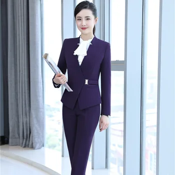 

Novelty Purple Uniform Styles Blazers With Jackets And Pants Pantsuits Female Trousers Set Business Outfits Pants Suit Plus Size