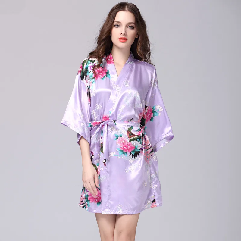 Бренд золото женский с цветочным принтом кимоно платье Китайский Стиль Silk Satin Robe ночная рубашка цветок размеры S M L XL XXL, XXXL - Цвет: Лаванда