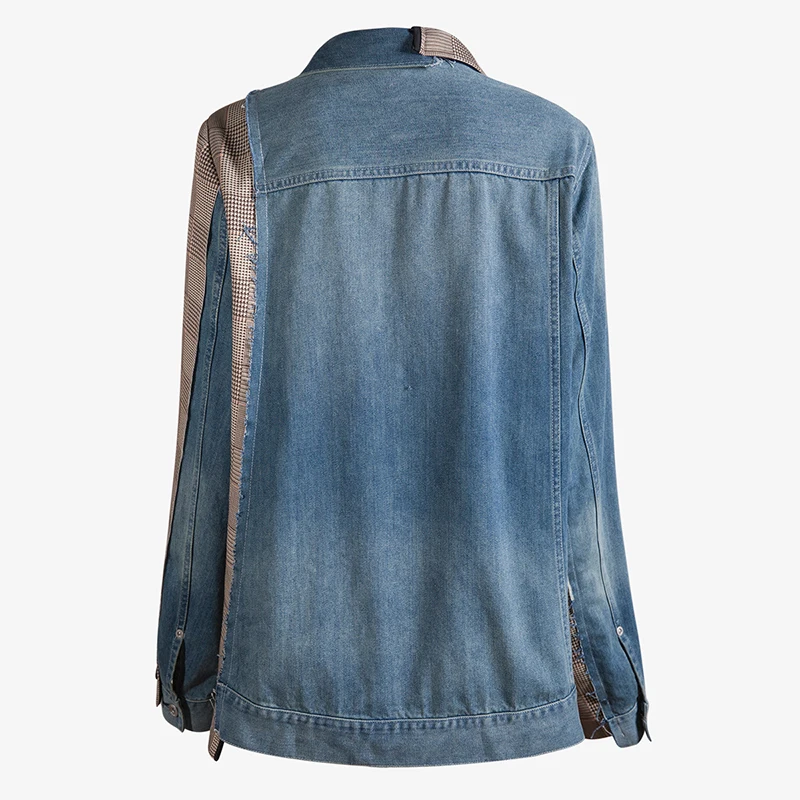 low cost  [EAM] 2020 New Autumn Winter Lapel Long Sleeve Blue Denim Plaid Split Joint Irregular Loose Jacket 