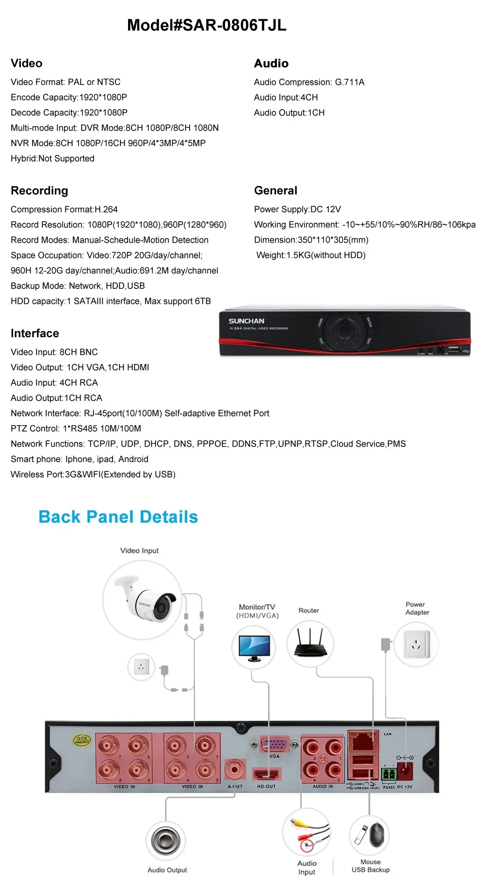 SAR-0806TJL 8 CH HDMI DVR 1080P AHD Camera Security Systems