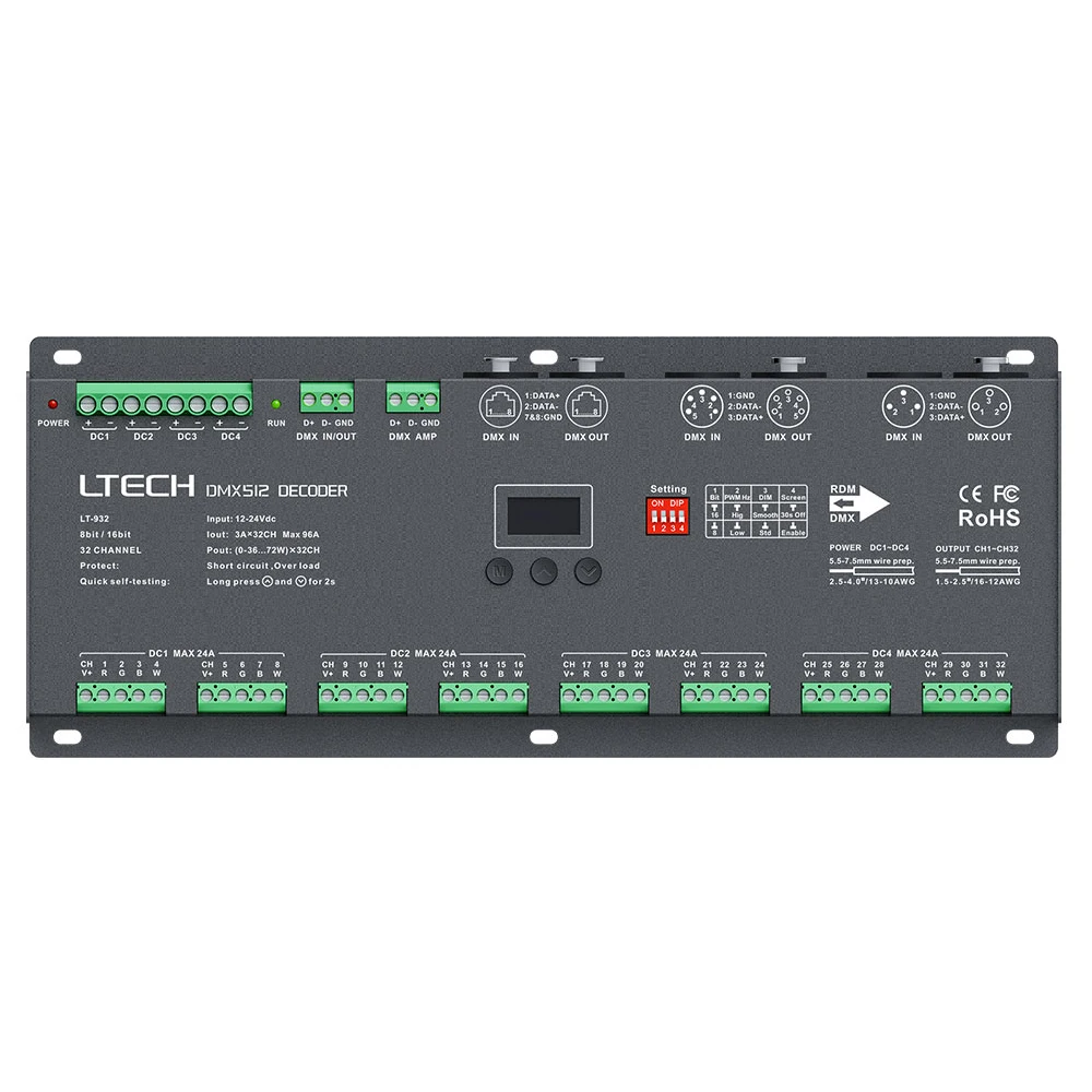 

LTECH LT-932 32 Channel DMX-PWM Decoder;DC12-24V input;3A*32CH Max 2304W output DMX512 Decoder Led RGB/RGBW Strip XLR-3/RJ45