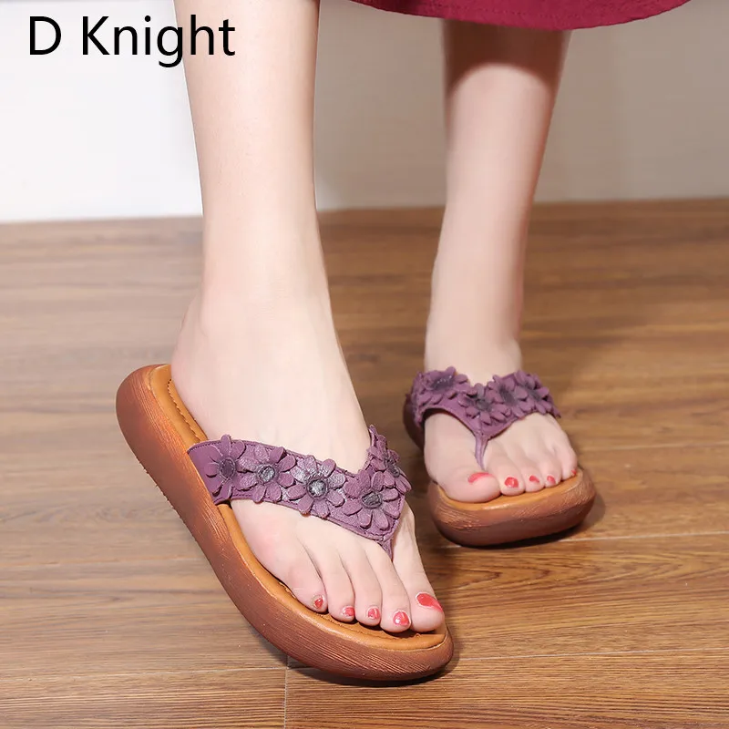 2018 Summer New Flip Flops Original Leather Sweet Flower Women Sandals Comfortable Slope Lady Flat Platform Shoes Ethnic Slipper (14)