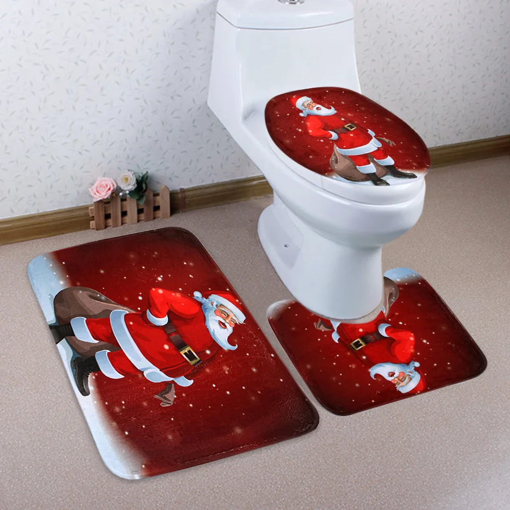 3 Pcs Toilet Mat Bath Mat Christmas Santa Claus Pattern Anti Slip
