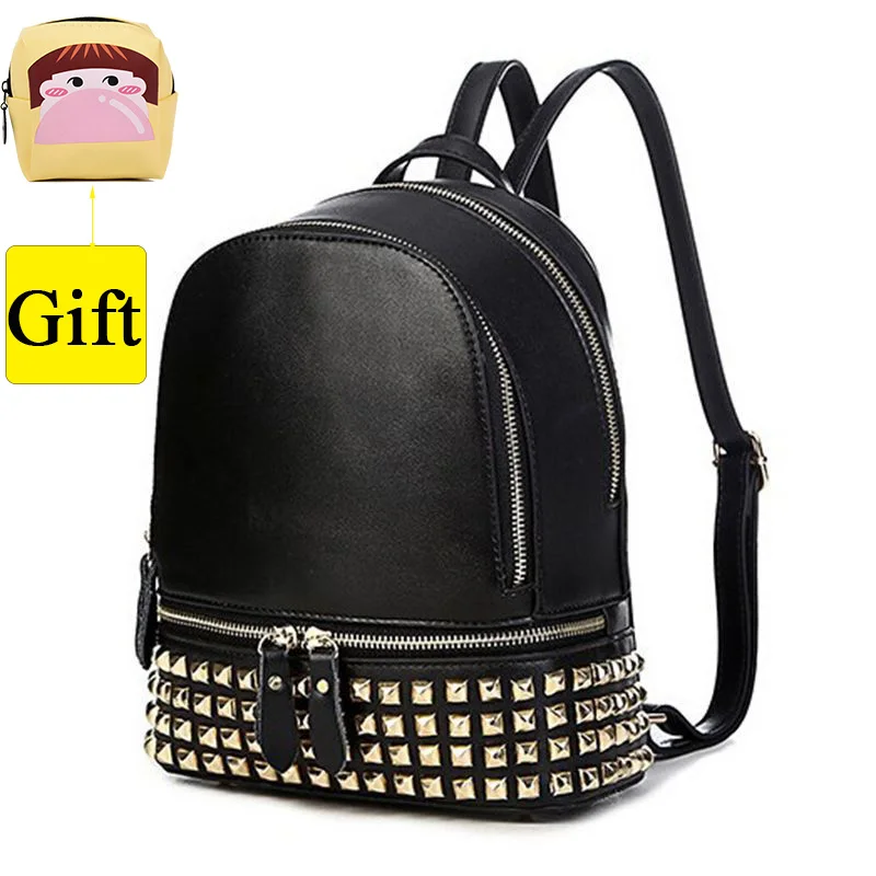 Genuine Leather Backpack Women Small Black Back Pack Female Zipper Mini Rivet Backpacks Bag for ...