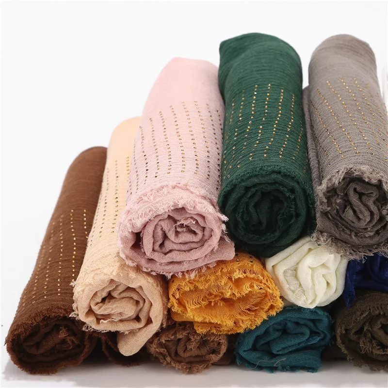 

Cotton Polyester Fringe Scarf Glitter Rhinestone Muslim Women's Hijabs Islamic Headscarf Wrap Headband Solid Color Long Shawl