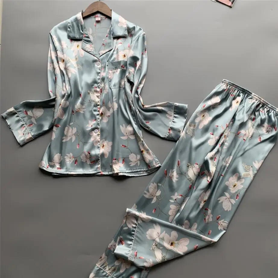 Пижамный комплект с принтом пингвина и сердечками для сна, Сексуальная атласная одежда для сна, женские летние пижамы, женские пижамы с цветами для женщин 968 - Цвет: Blue Magnolia