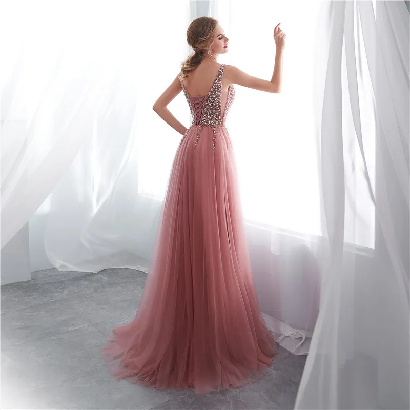 USWEAR 2019 розовые платья для выпускного Mauve без рукавов v-образный вырез в пол Бисероплетение длинное вечернее платье vestidos de fiesta