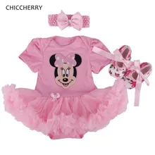 Милые детские праздничные платья-пачки с Минни Маус для девочек, наряды на день рождения с повязкой на голову, обувь для малышей, Roupas De Bebe, комплект для новорожденных девочек