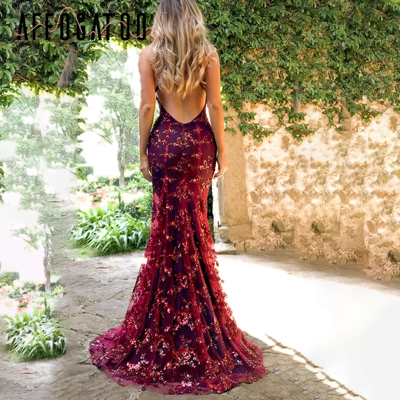

Affogatoo Sexy mesh sequins long party dress female Elegant backless lace maxi dress women Robe spaghetti strap long dress 2018