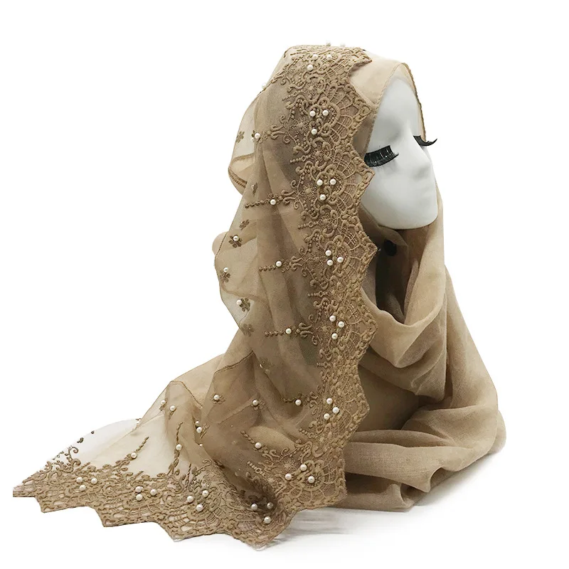 Beautiful Lace Floral Scarf Plain Color Islamic Hijabs Turban Solid Wraps Beads Long Shawl Muslim Women's Headscarf 180x90cm