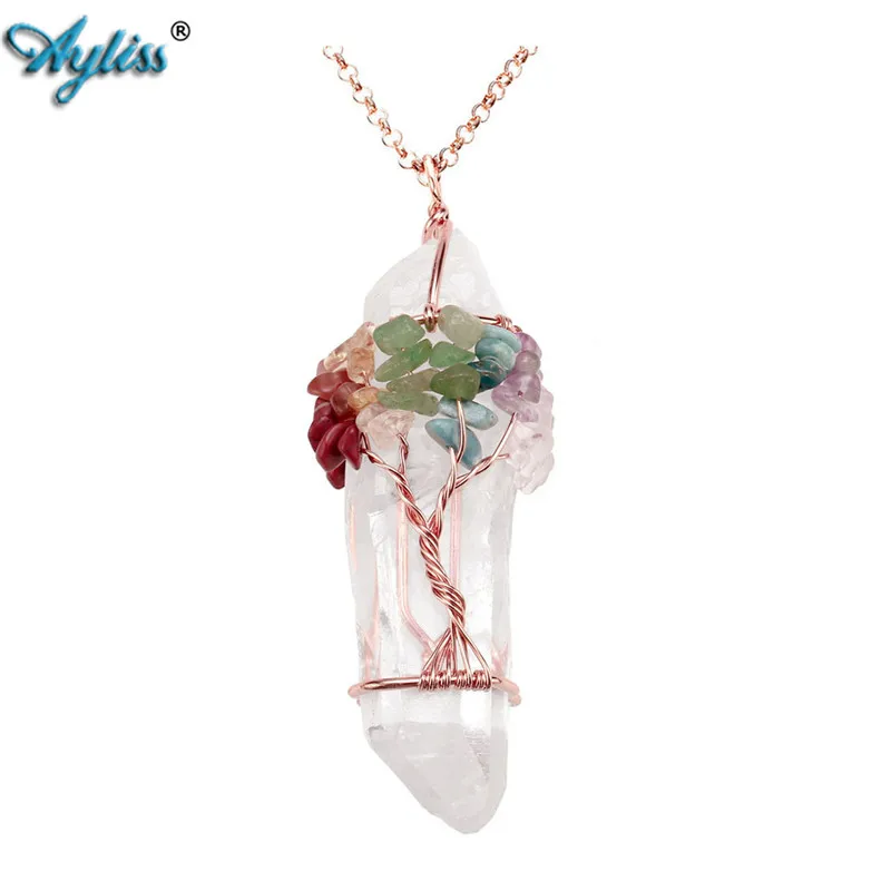

2017 Ayliss Fashion 1pc Chakra Gem Stone Tree of Life Wire Wrapped Natural Clear Quartz Healing Crystal Point Pendant Necklace