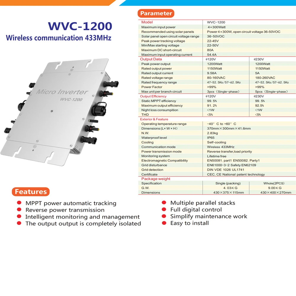 Микро с сеточным управлением Inverter1200W MPPT чистая Синусоидальная волна солнечный инвертор 22-50 в DC вход Беспроводная связь с 2 м кабель переменного тока
