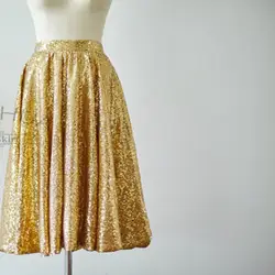 Золотые блестки юбка индивидуальный заказ молния талии линии футболка Длина юбка миди блестящие плиссированные Юбки для женщин Для женщин