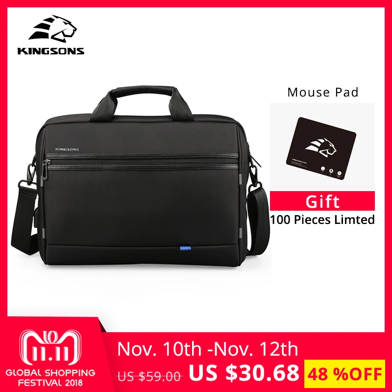 

Kingsons 15.6 Inch Laptop Handbag Waterproof for Men's Crossbody Bags Nylon Casual Shoulder Messenger Bag Black