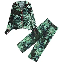 Pajamas printing and wind kimono shirt type jacket wide tube pants high waist wide leg pants suit