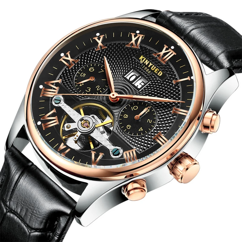 Reloj Mecánico KINYUED esqueleto Tourbillon hombres automático clásico oro rosa cuero mecánico relojes de pulsera Reloj Hombre 2019 - 3
