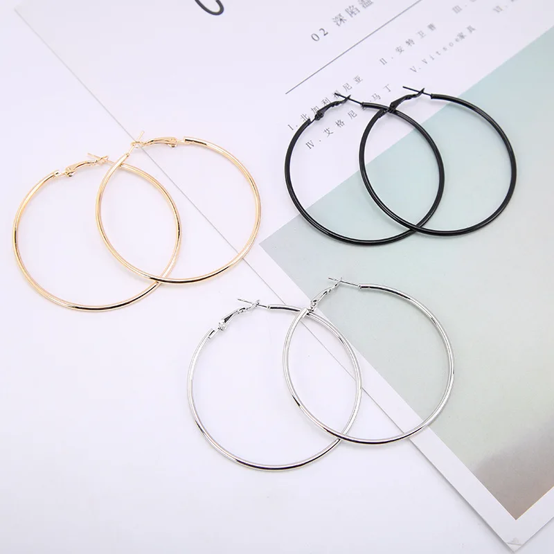 

4 Sizes Silver Golden Black Simple Metallic Hoop Earrings for Women 3,4,5 cm