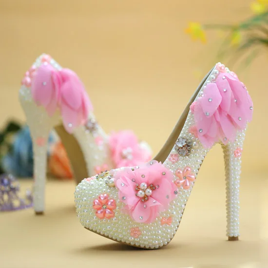 

Rhinestone High Heels Crystal Wedding Shoes Pink Pearl Lace Flowers Bride Shoes Woman Banquet Plataformas Mujer Pumps Ladies Sho