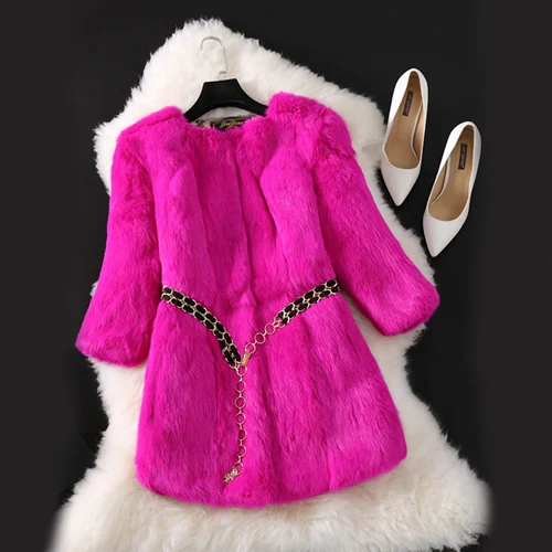 Новое популярное Женское пальто из натурального кроличьего меха, длинная стильная куртка из натурального кроличьего меха, натуральный мех кролика, жилет - Цвет: rose