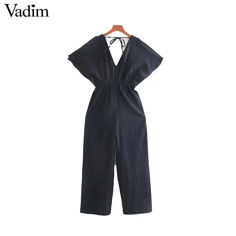 

Vadim women elegant solid V neck jumpsuits drawstring tie elastic waist pockets stylish female casual summer playsuits KB030