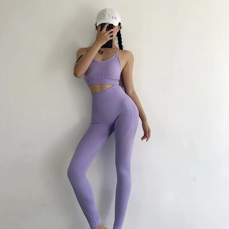 Comprar Energía sin costuras Leggings + sujetador de tiras 2 uds conjunto de Yoga para Mujeres ropa de gimnasio Fitness mallas de Yoga de cintura alta conjunto de ropa deportiva para correr
