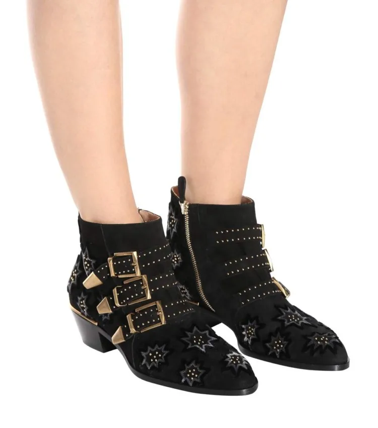 

Dipsloot 2018 Women New Flock Star Embroidery Ankle Boots Girls Chunky Heels Dress Party Shoes Ladies Metal Buckle Martin Boots