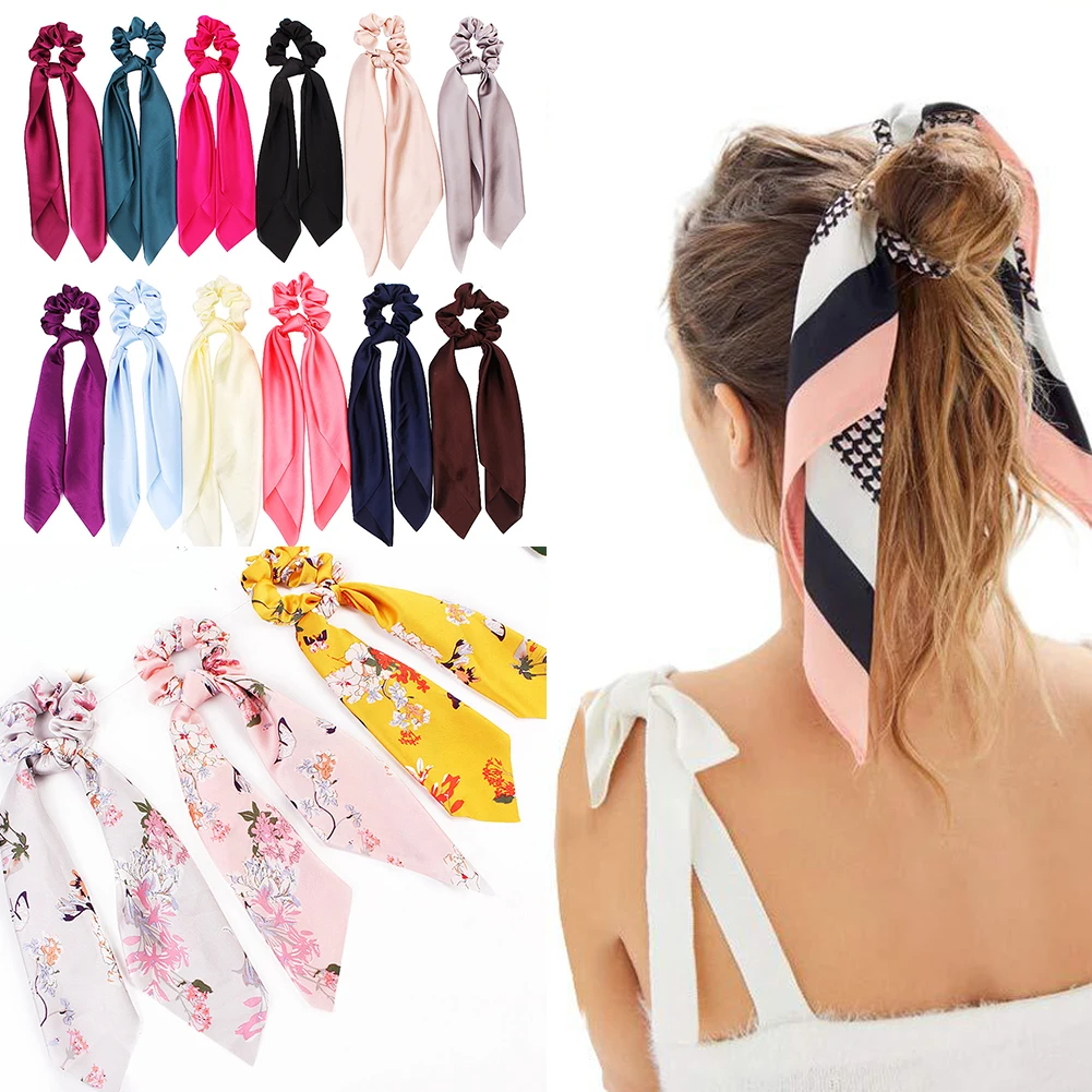 summer Ponytail Scarf Elastic Hair Rope for Women Hair Bow Ties Scrunchies Hair Bands Flower Print solid Ribbon Hairbands