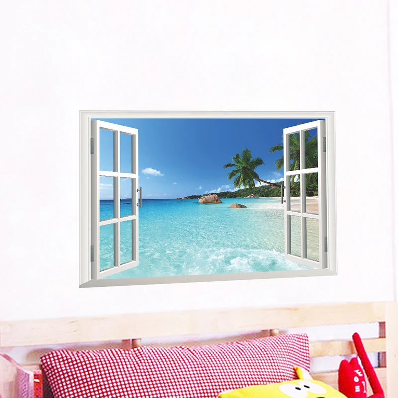 Coconut Tree Ocean Beach 3D Fake Window Wall Stickers Living Room Decoration Home DIY Sea Landscape Mural Wall Art PVC Poster