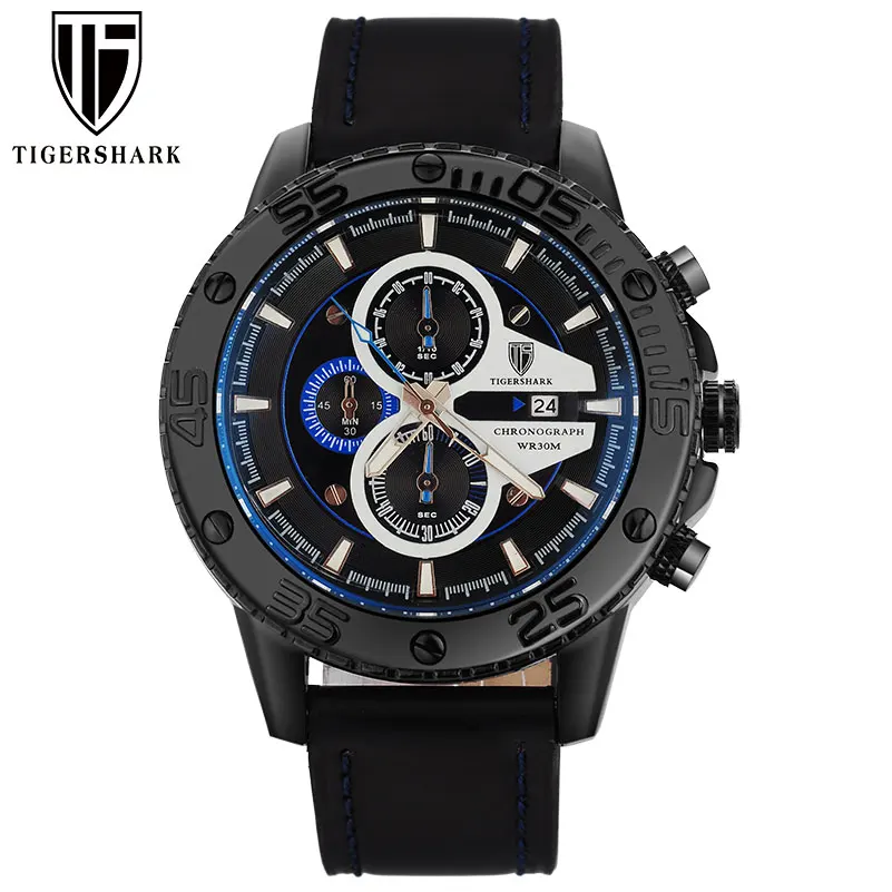 2016 TIGERSHARK china brand luminous bluedial watches men sport chronograph 30M waterproof date genuine leather wristwatches