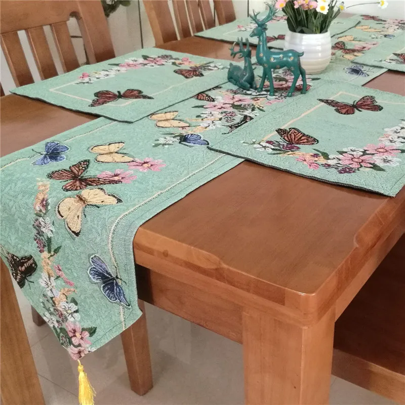 

Butterlfly Flowers Table Runner Placemat Yarn Dyed Table Cloth Plate Mats Home Decor, free shipping