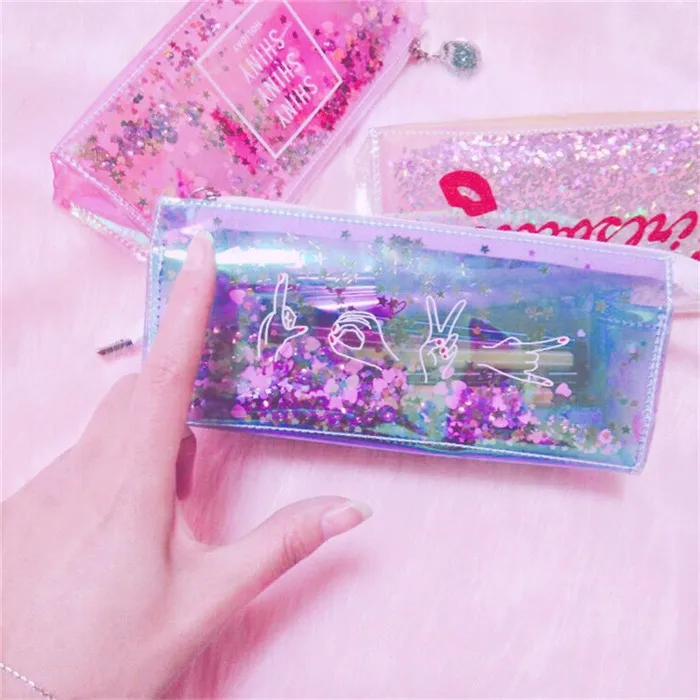 Fashion Harajuku Charms Zipper Hologram Metallic Color Sequin Transparent Laser Pencil Case Woman Cosmetics Makeup Bag Handbag (48)