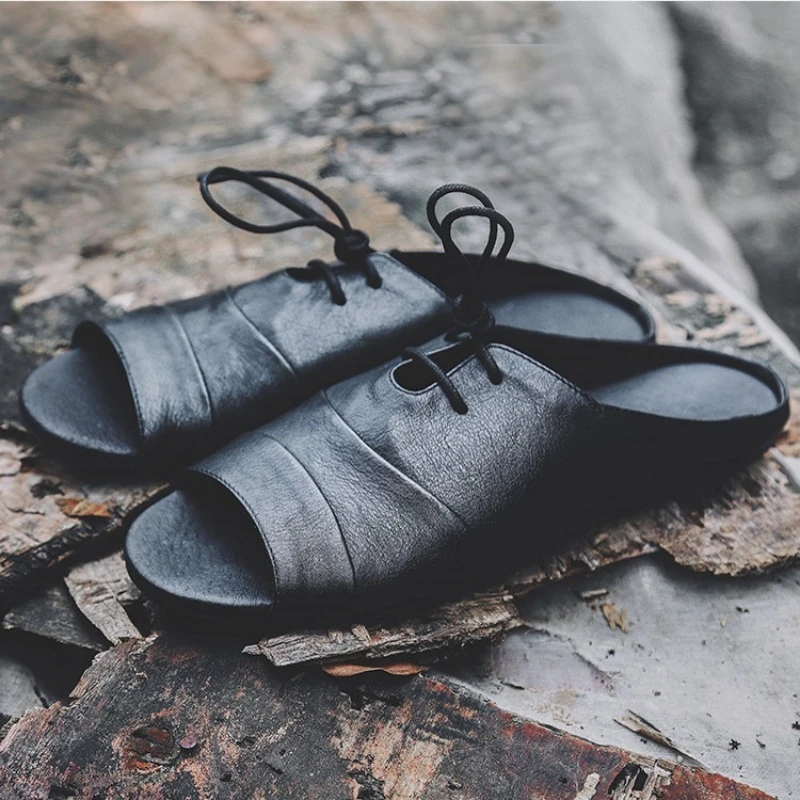 2019 модные английские винтажные тапочки из натуральной кожи мужские летние римские туфли с открытым носком черные сандалии без застежки на