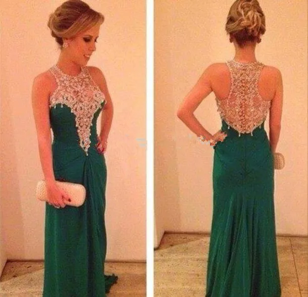 

Sexy Green A Line Beading Party Evening Gowns Halter Crystal Long Chiffon Prom Dress Sheer Illusion Robe De Soiree Fiesta 2014