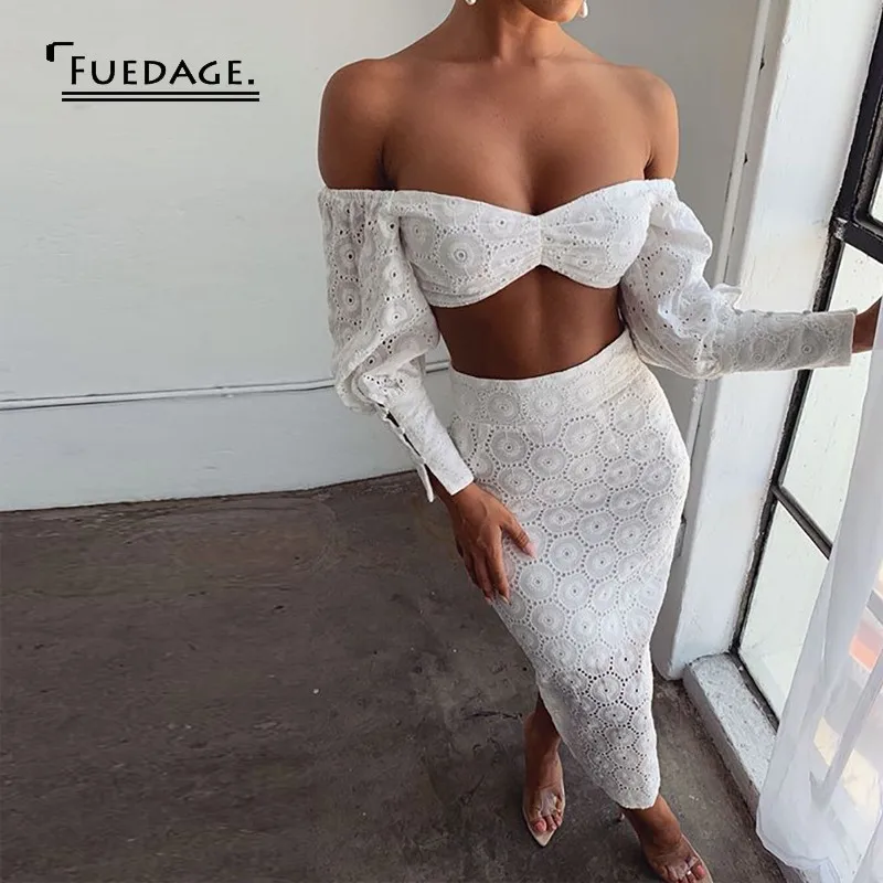 

Fuedage Summer Sexy Lace Print Two Piece Set Hollow Out Top And Long Skrit Summer Set 2 Piece Set Women Set Outfit Clothes
