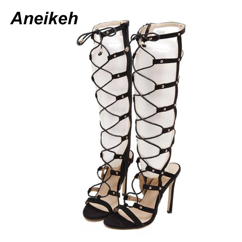 Aneikeh/пикантные женские босоножки на молнии с вырезами; Новое поступление года; модная обувь из флока; женские летние туфли-лодочки на высоком каблуке со шнуровкой; Sandalia