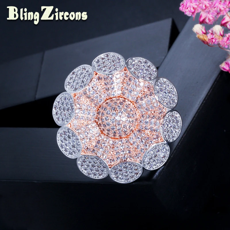 

BeaQueen Full Cubic Zirconia Setting Silver and Rose Gold Color 2 Tones Big Flower Engagement Rings Jewelry for Women R061