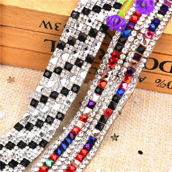 

2Yard square mix Glass 2cm width Hotfix Rhinestones Chain Trim Strass Crystal Banding Mesh Bridal Crystal Appliques For shoe bag