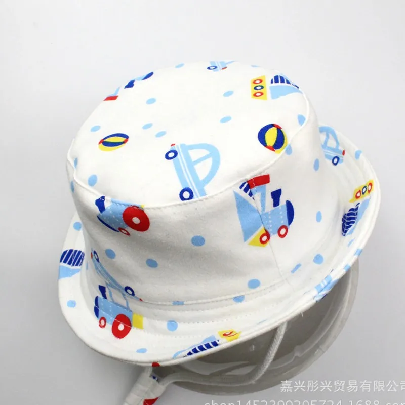 

Kids Bucket Sun Hat Girl Boy White Top Hats Car Print Baby White Thick Hats String Adjust 0-7T Children Spring Summer Caps