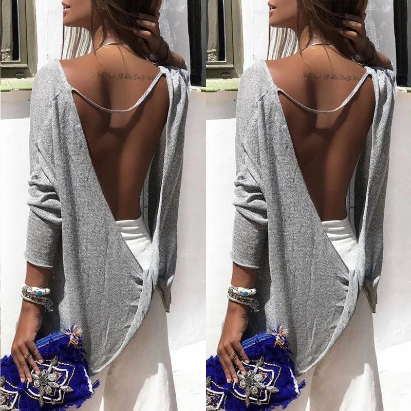 

European Women Sexy Backless Long Sleeve T-shirt 2017 New Lady Club Wear Casual Top Tees