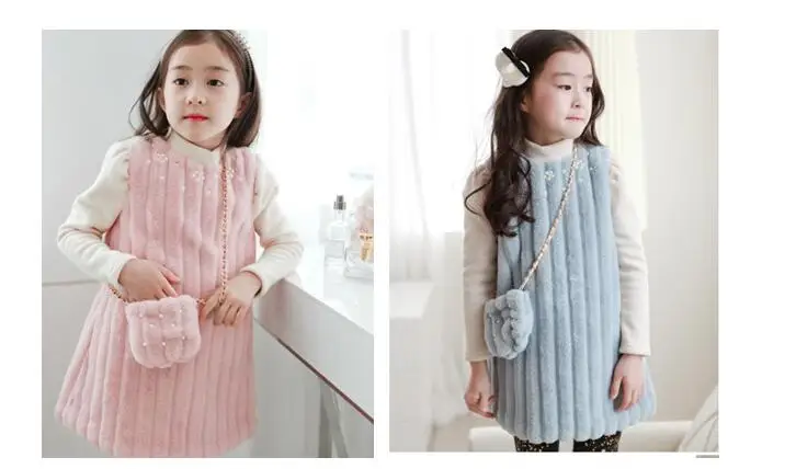 Doayni детское элегантное платье принцессы для девочек из искусственного меха с сумкой длинный рукав с бисером бархатное детское зимнее милое платье розовый синий