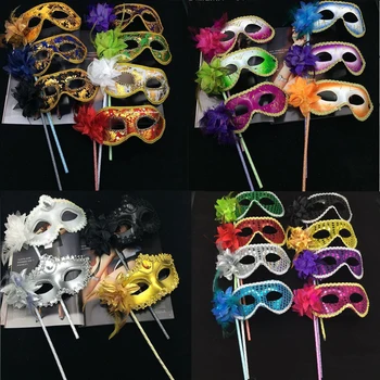 

New Women Sequin Venetian Ball Masquerad Mask On Stick Flower Side Handheld Masks Halloween Dance Party Dress Decoration