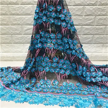 

3D Lace Fabric With Beads And Stones High Quality African Tulle Lace Fabric 2019 Guipure Nigerian Lace Fabrics Green Sky Blue