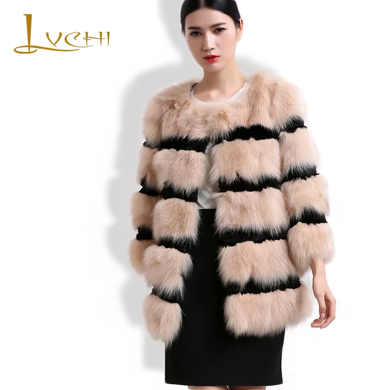 

LVCHI 2019 Autumn Winter Warm Full Pelt Striped Genuine Fur Women's Real Fur Coats Women Fox O-Neck Solid Full Sleeve Fox Coat