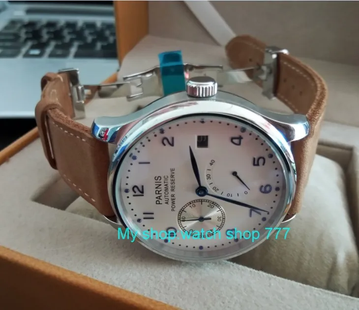 

43mm PARNIS White dial power reserve Automatic Self-Wind Mechanical movement men's watch Cow leather strap butterfly Button 12