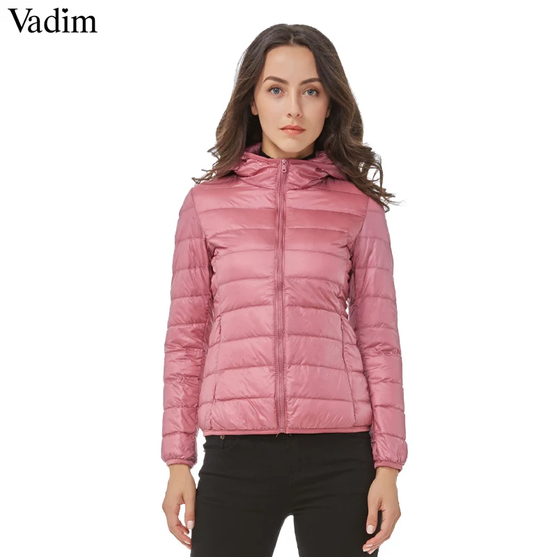 

Vadim women duck down coats ultra light hooded jackets solid color warm slim jackets pockets zipper winter coat outwears ZC072