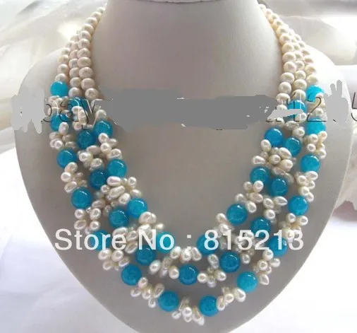 

ddh00319 3rows Natural White Pearl Blue Jade Necklace